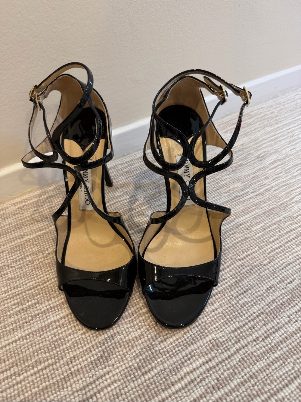 Jimmy Choo Black Patent Strappy High Heel Sandals